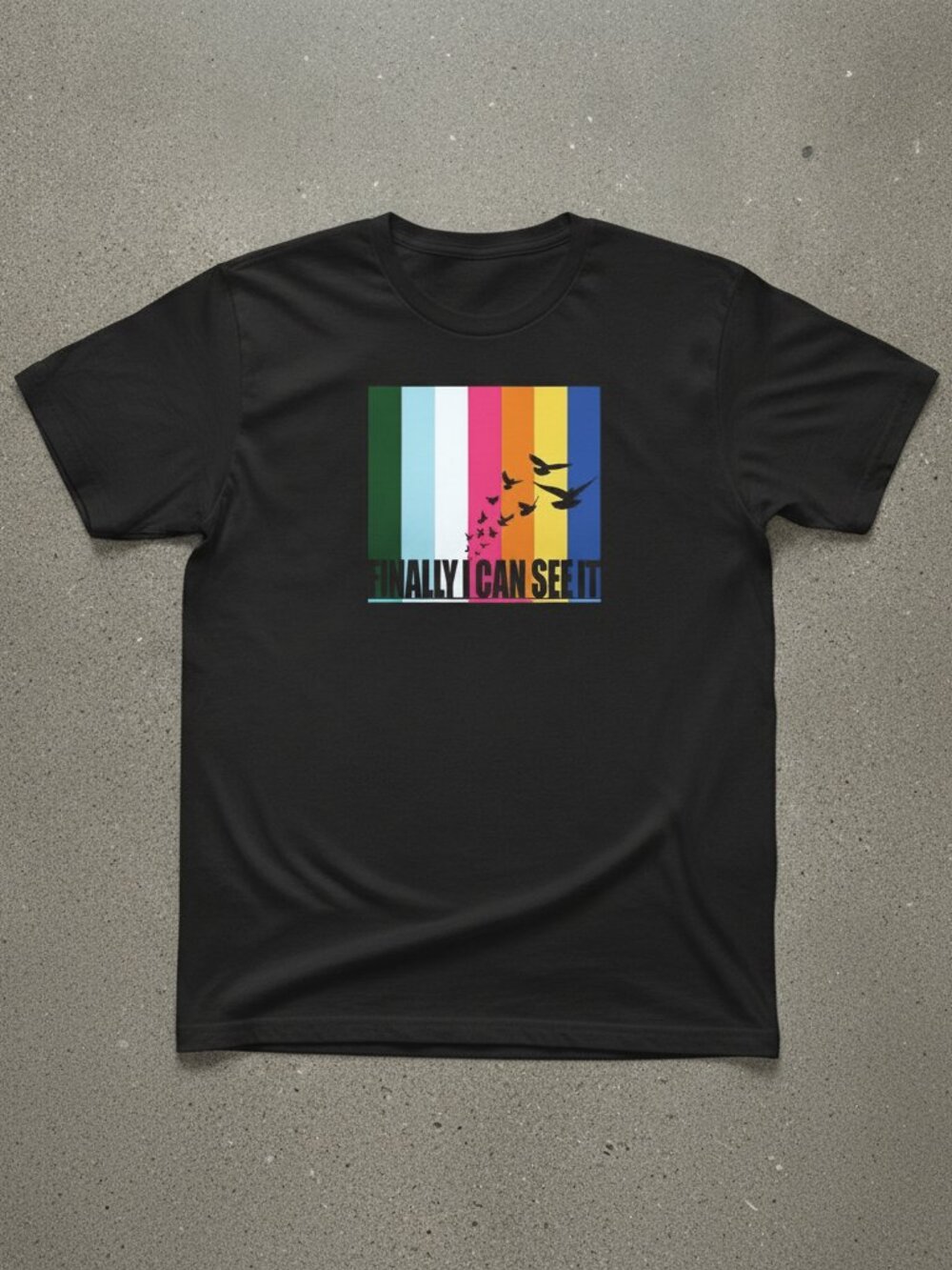Finally I Can See It Graphic T-Shirt | Colorful Rainbow Bird Design | Black Tee